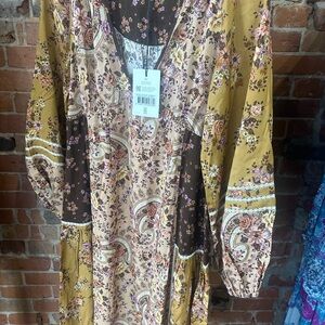 Spell Melody Dress.  Boho Patchwork Floral Maxi Dress - Mustard, Brown